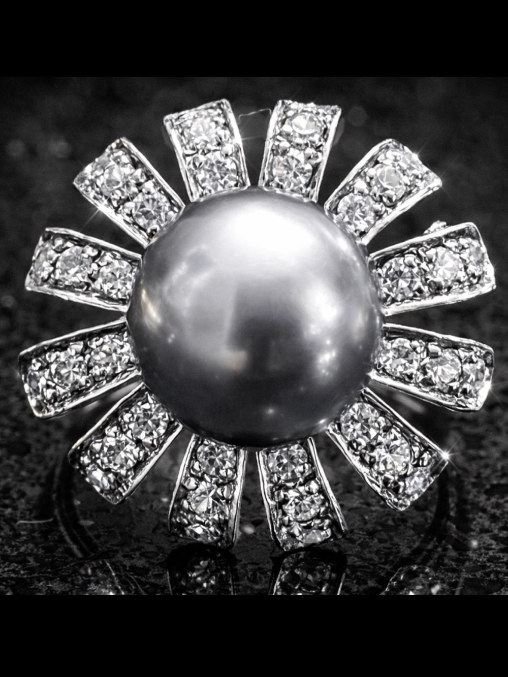 Suzanne Somers black pearl CZ floral flower vintage cocktail statement ring HSN